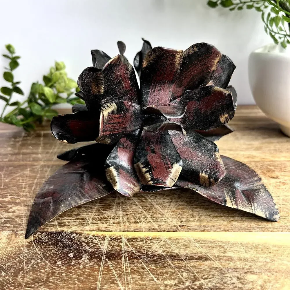 Rustic Metal Blooming Flower Pinecone Candle Holder Sculpture Handmade Weathered